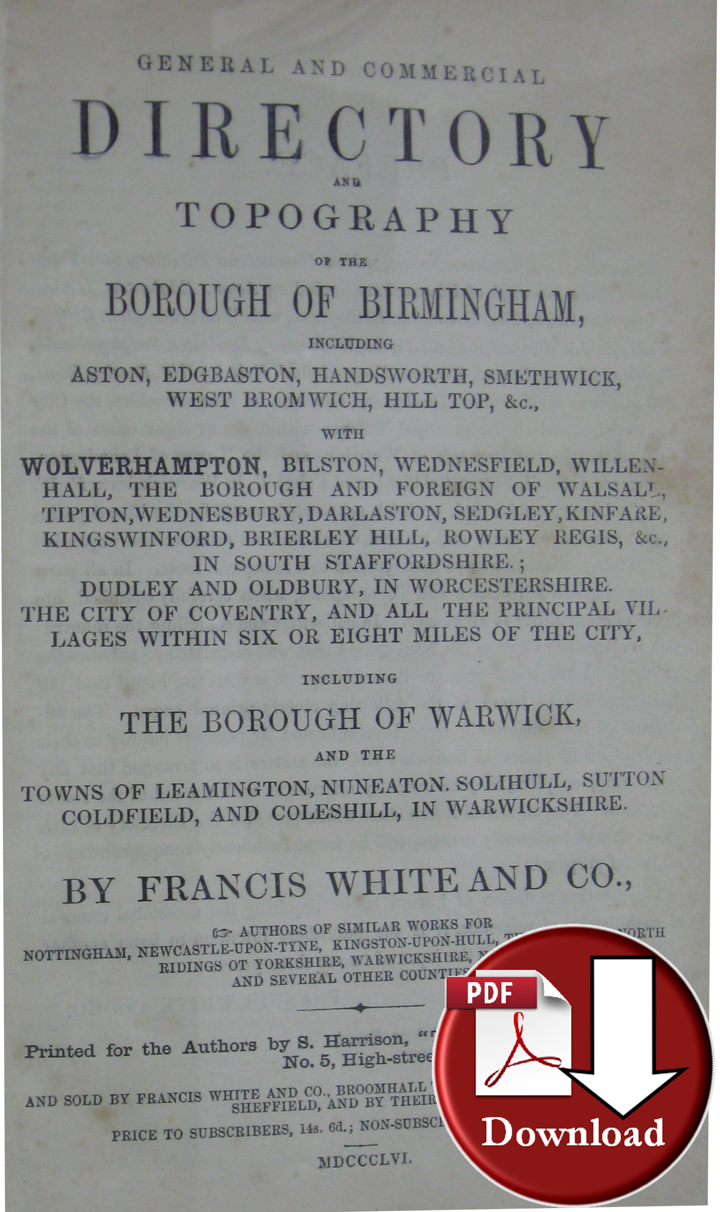 White's Directory of Birmingham, Wolverhampton, Warwick & Villages 1856 (Digital Download)